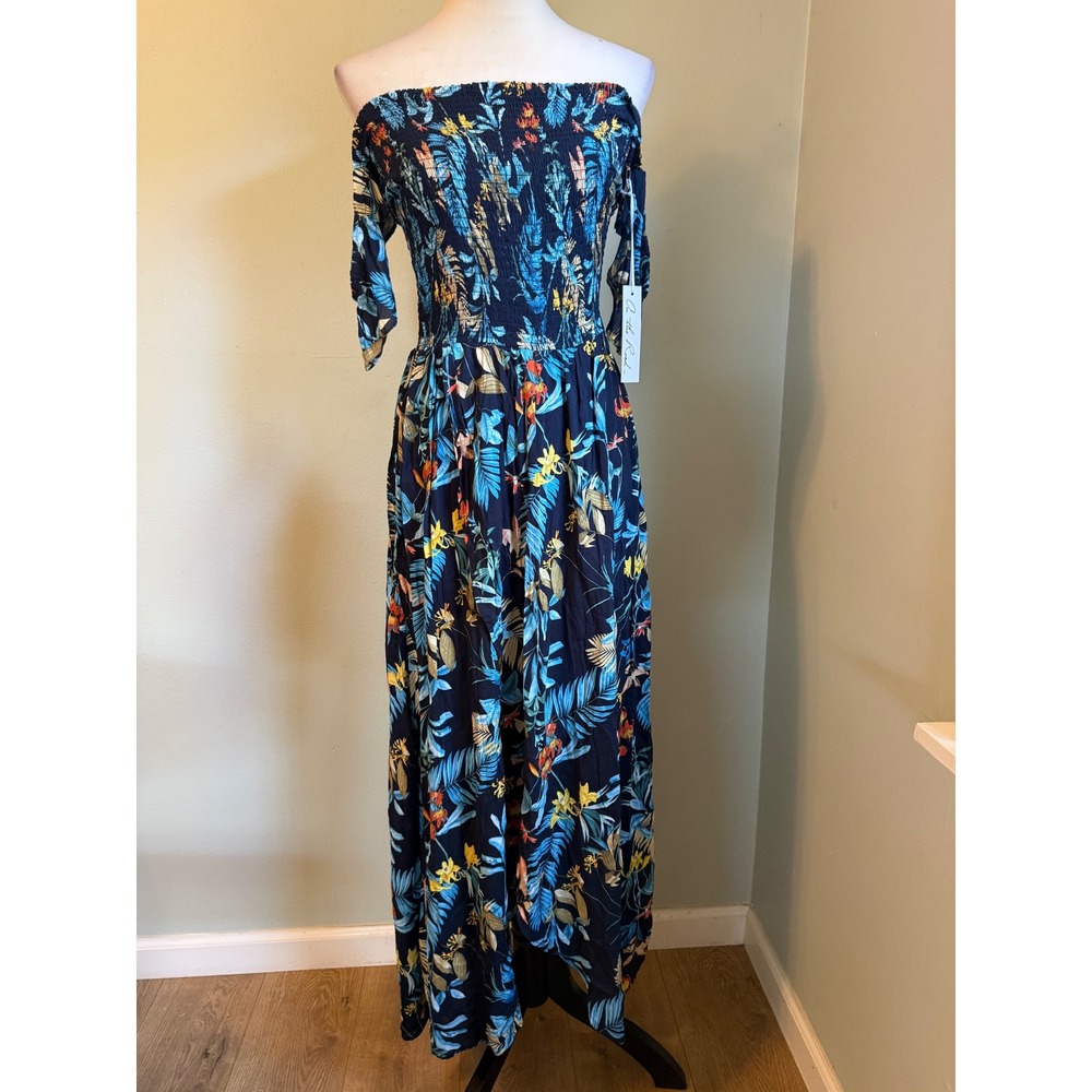 Tropical Floral Smocked Off Shoulder Maxi Dress Navy Blue M resort boho flowy re